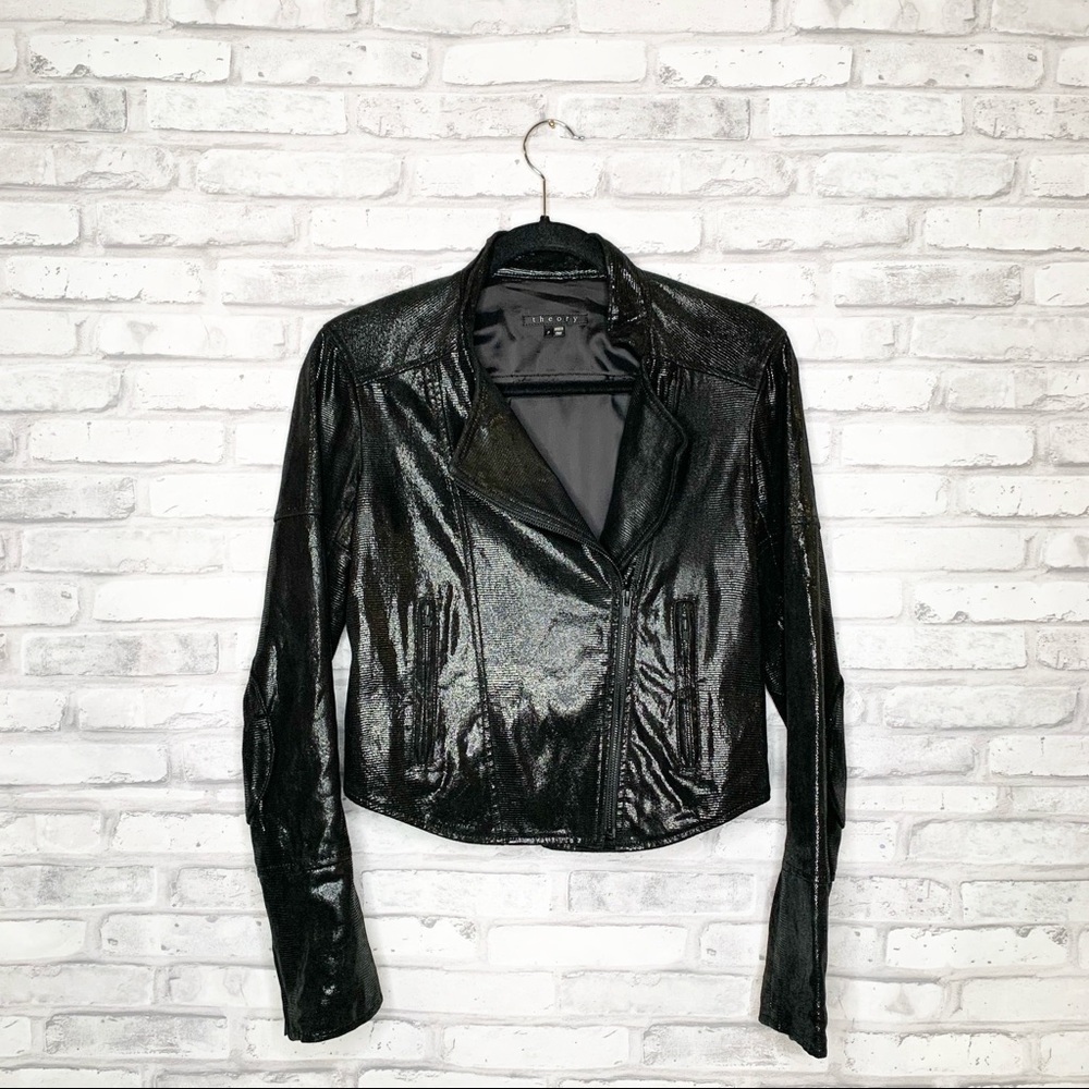 Theory Beatrisa Cropped Leather Moto Jacket Sz S